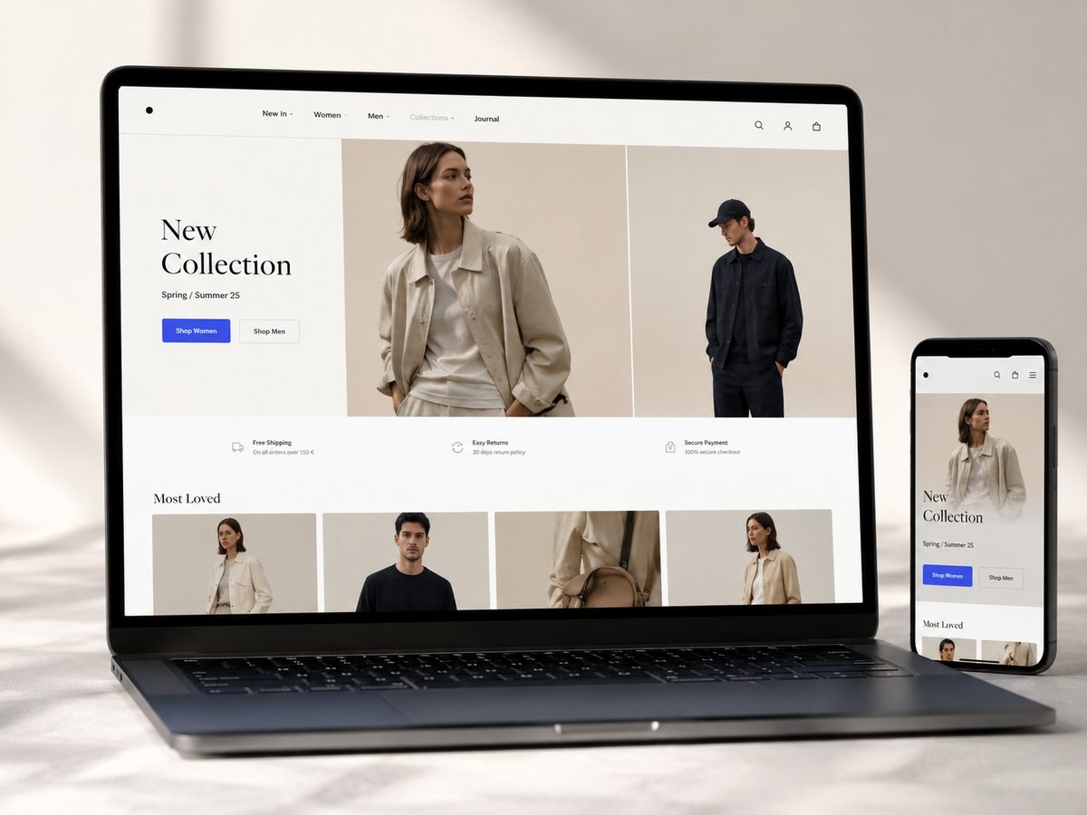 Mockup eines Shopify-Fashion-Shops auf Laptop und Smartphone